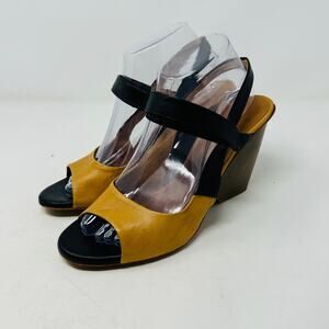 Coclico Cognac & Black Two Tone Leather Wood Wedge Sandals Size 40